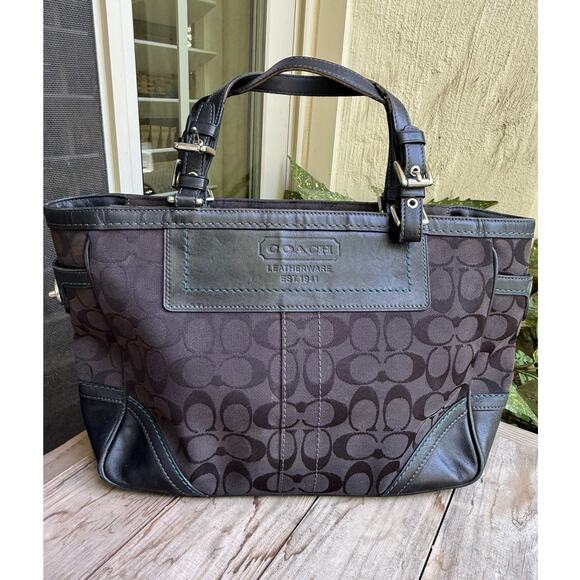 Coach Signature Canvas & Leather Trim Tote Bag Black/Brown with Turquoise Lining - Picture 1 of 7